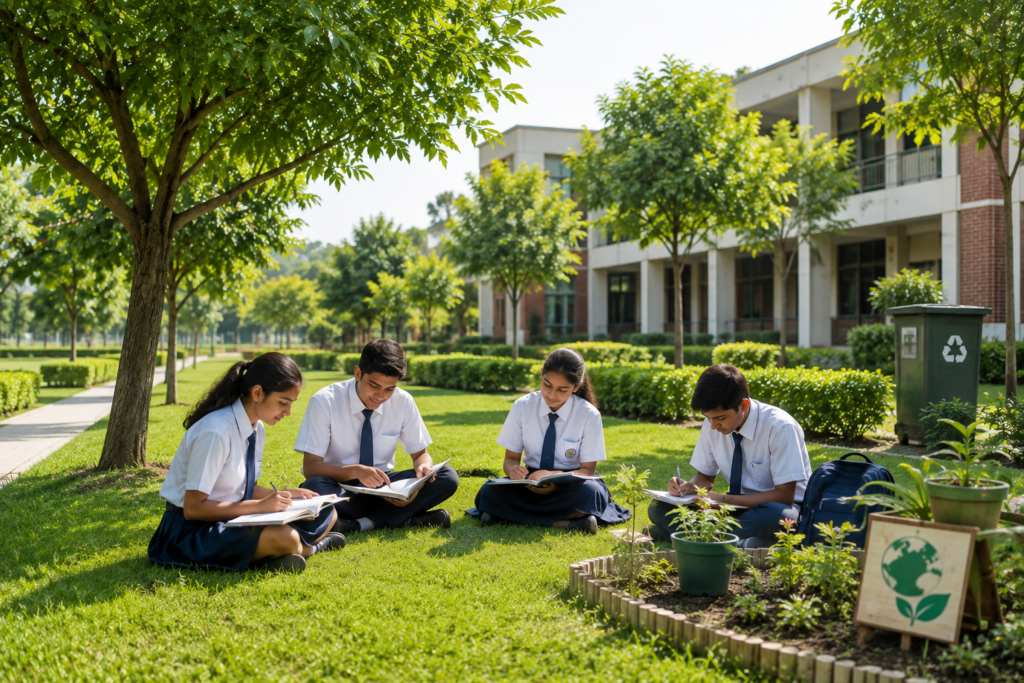 Green school campus with trees, lawns, and landscaped gardens