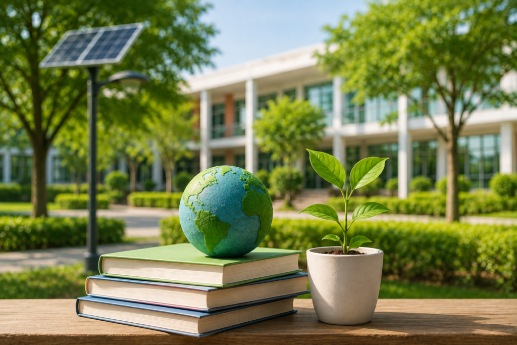 Students learning about sustainability in a green school campus