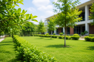 Green campus with trees, lawns, and landscaped gardens