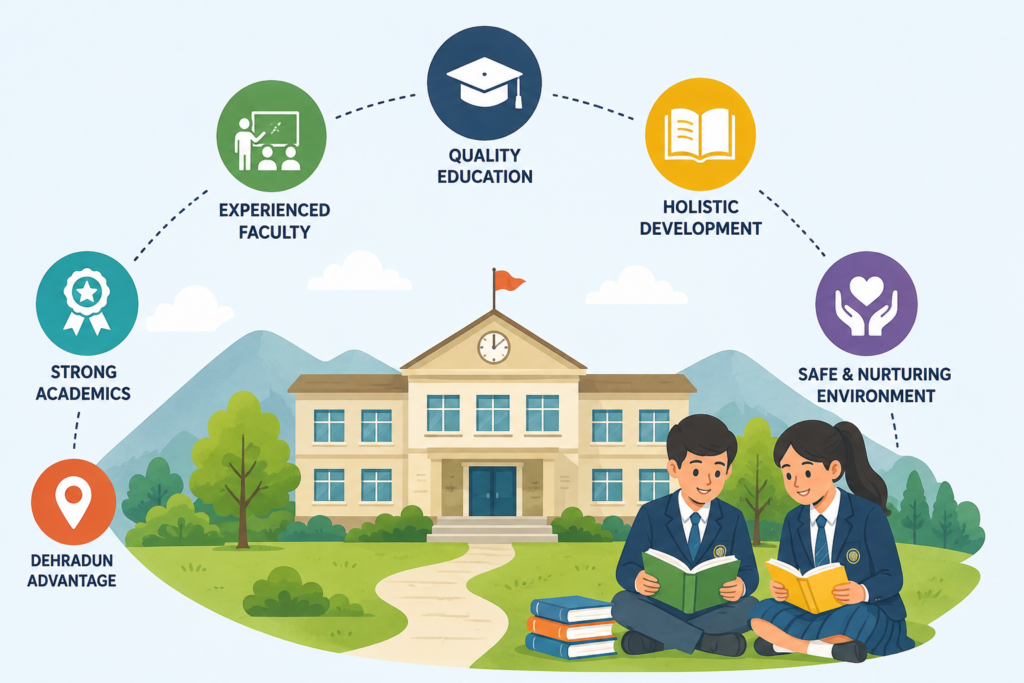 Students studying in a modern CBSE school campus in Dehradun
