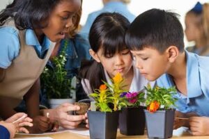 Sustainable school campus with solar energy, books, globe, and plants